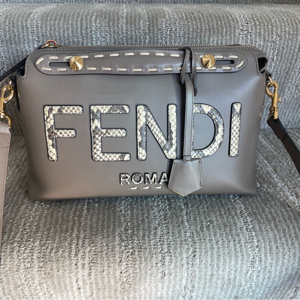 Fendi By The Way Medium Grey Leather & Python-Look Elaphe Boston Bag - Picture 8 of 14